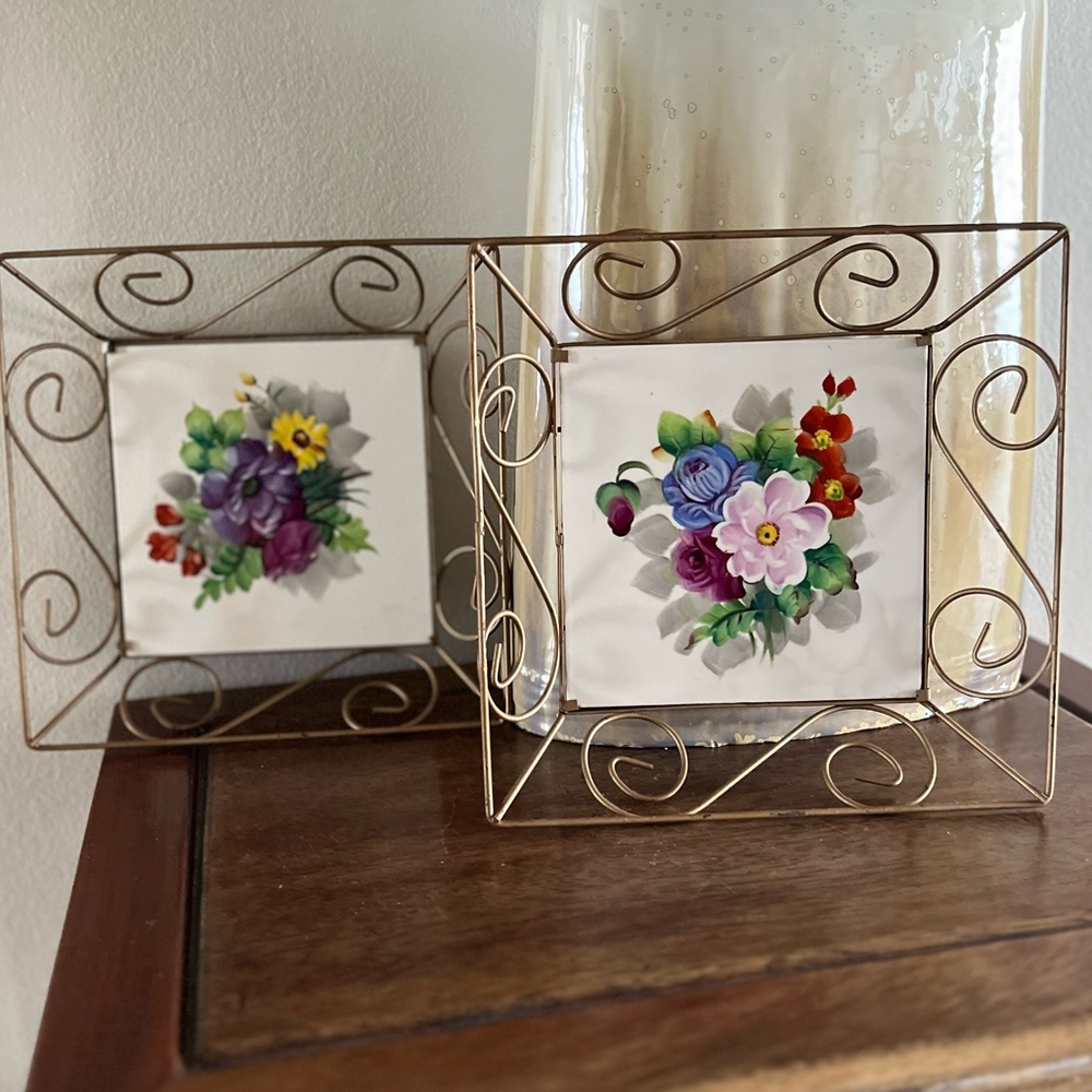 Vintage 60’s - 70’s wall decor, metal swirls framing square floral tiles